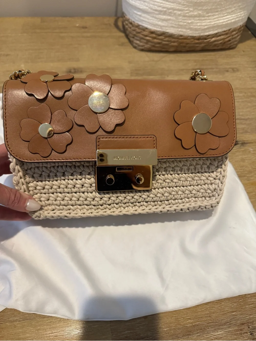 Michael Kors Brown Leather Floral Flap with Cream Crochet Shoulder Bag - Picture 2 of 8